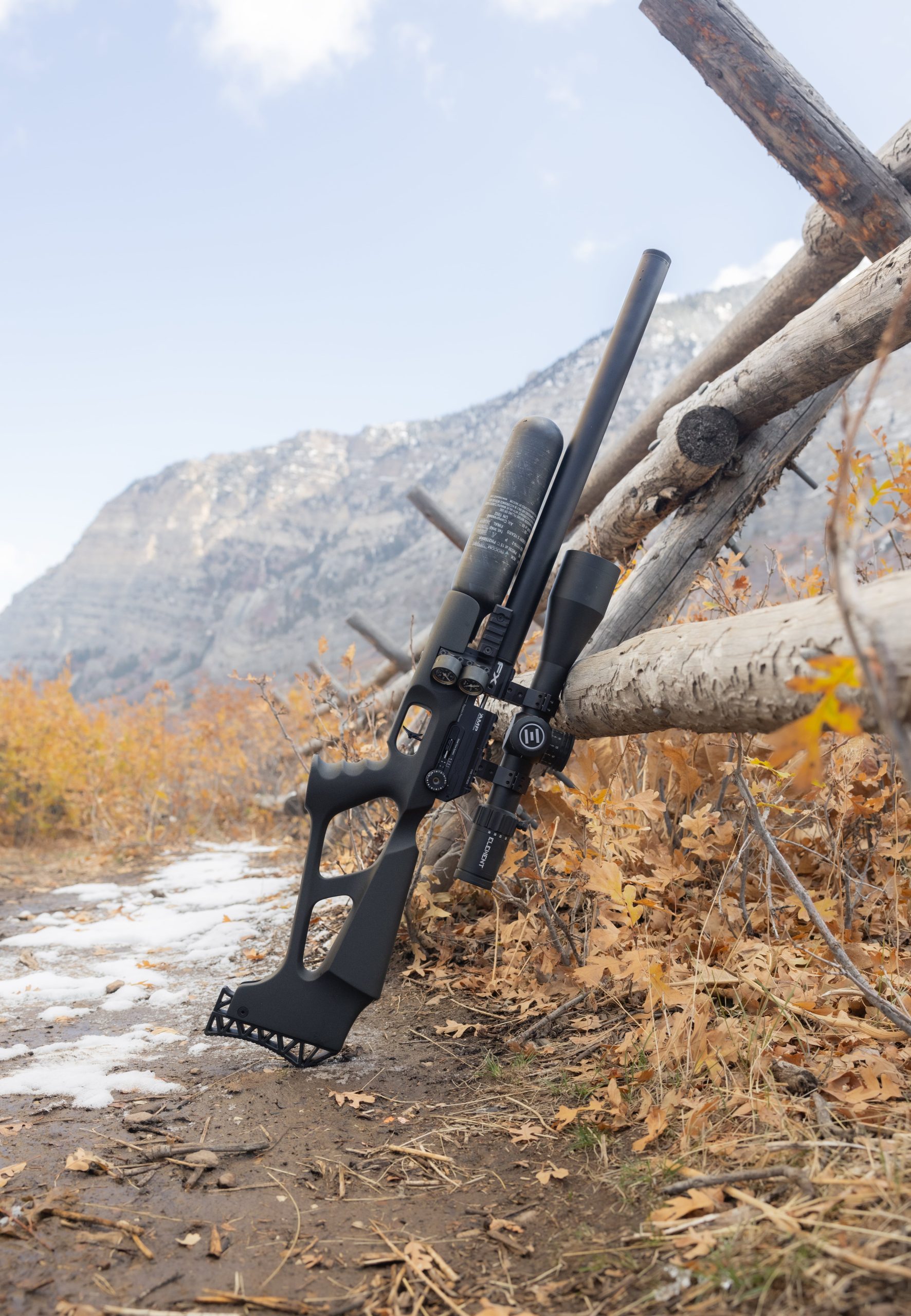 Air rifle leaning against a wooden fence