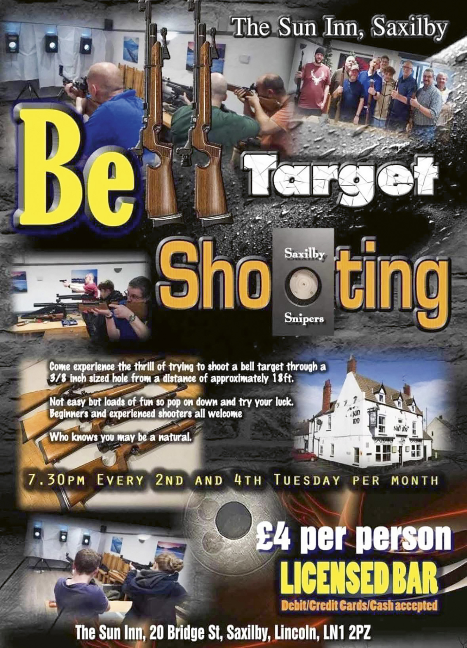 Promotional flyer for bell target shooting nights at the Sun Inn in Saxilby, listing dates and the £4 entry