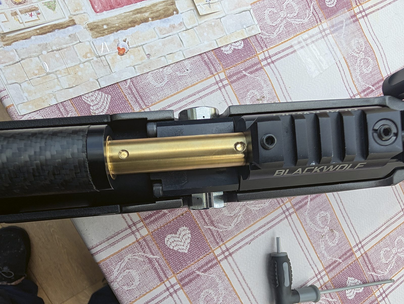 Barrel withdrawn from the Daystate Blackwolf rail showing the brass collar and indexing marks