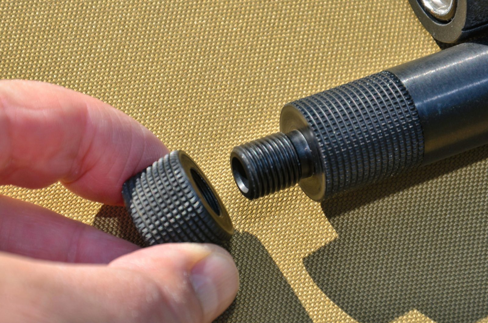 Knurled half-inch UNF muzzle thread on the EB Arms Agincourt Synthetic