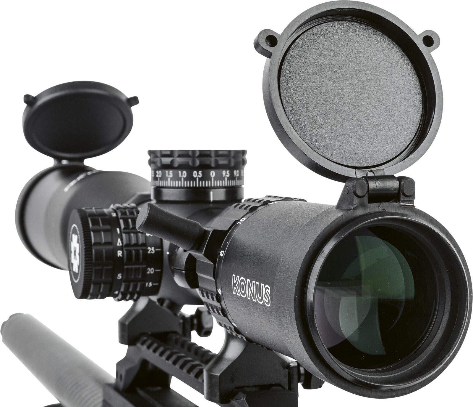 Konus Fearless riflescope on an air rifle with opaque flip-up lens covers open